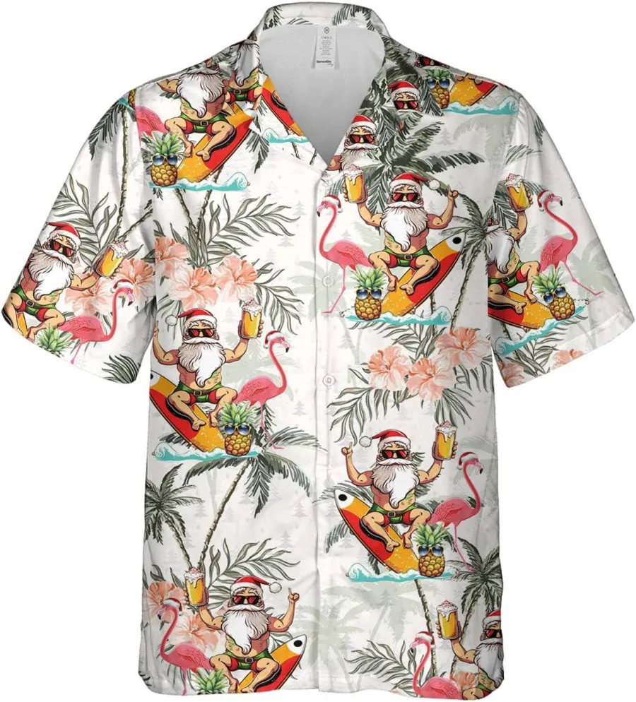 Funny Santa Shirts Drinking Beer Tropical Printed Shirt, Santa Claus Hawaiian Shirt, Summer Vacation Shirt, Family Summer Beach Shirt