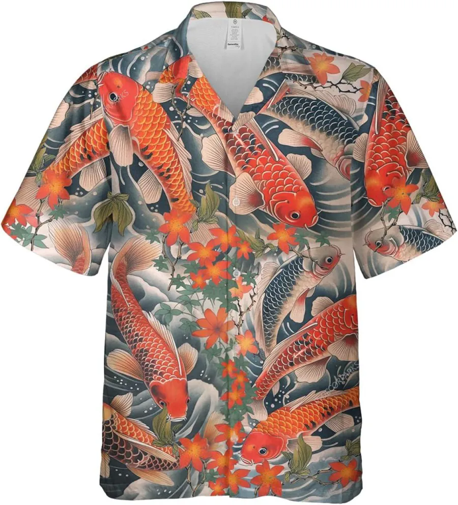 Japanese Carp Fish Hawaiian Shirts For Men, Carp Fish Casual Button Down Shirts, Button Vintage Aloha Hawaii Shirt, Short Sleeve Summer Beach Shirt