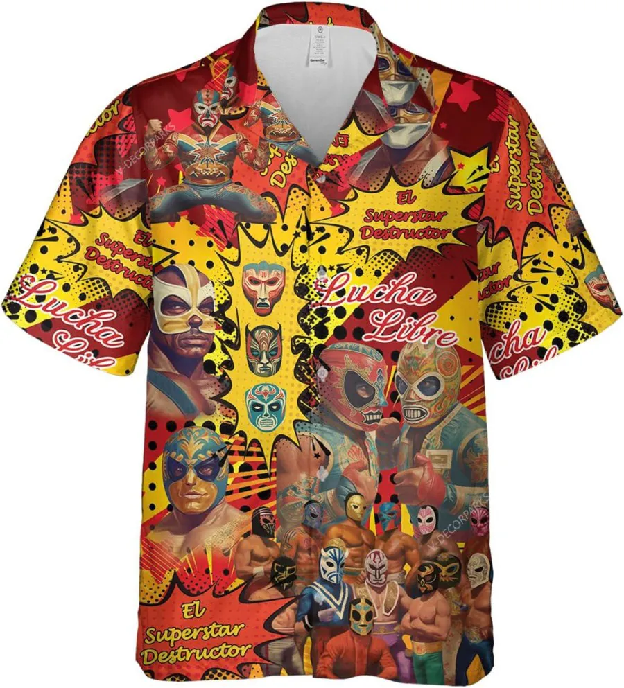 Lucha Libre Superstar Hawaiian Shirt For Men, Lucha Wrestler Casual Button Down Short Sleeve Shirts, Mexican Wrestling Aloha Shirt, Summer Beach Shirt