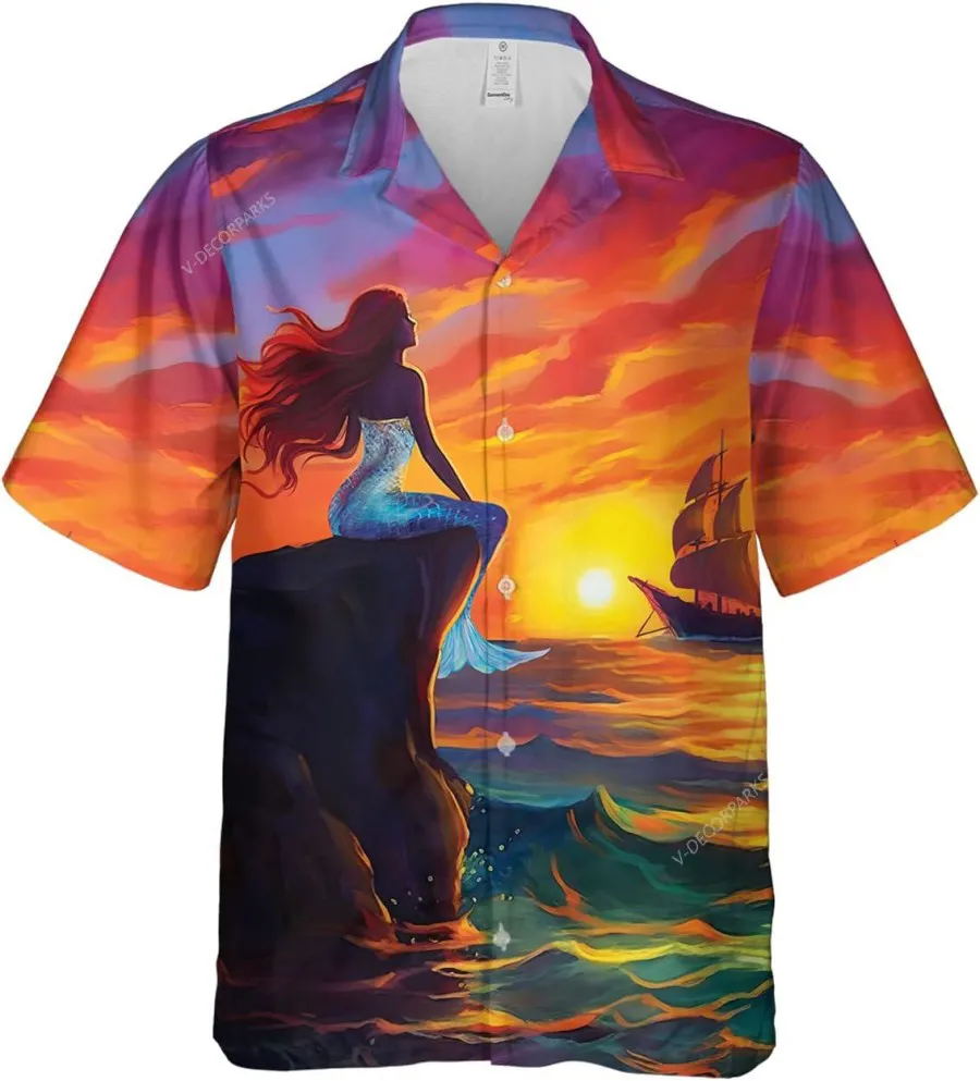 Mermaid And Sunset Hawaiian Shirts For Men Women, Mermaid Casual Button Down Short Sleeve Shirts, Summer Beach Shirt, Vacation Shirt, Aloha Shirt