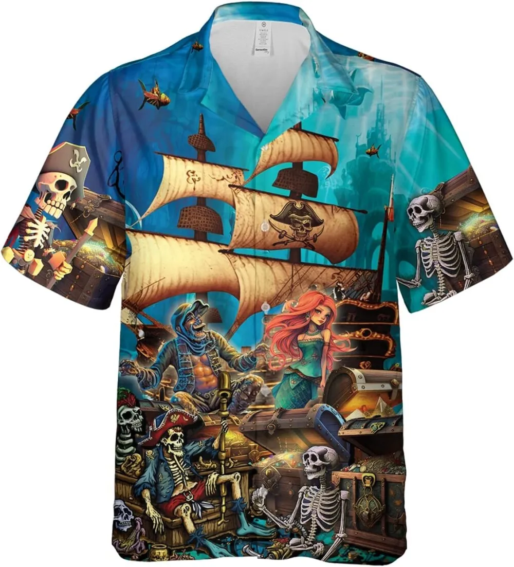 Mermaid Skeleton Pirate Hawaiian Shirts For Men, Pirate Treasure Ship Hawaiian Shirt, Pirate Summer Beach Shirt, Pirate Button Down Shirt Short Sleeve