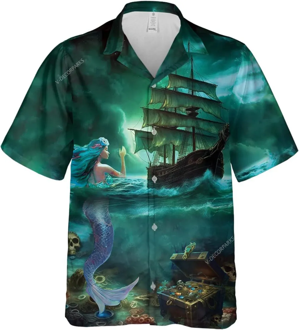 Mermaid And Pirate Ship Hawaiian Shirts For Men Women, Mermaid Casual Printed Beach Summer Shirt, Pirate Ship Hawaiian Aloha Shirt, Beach Shirt