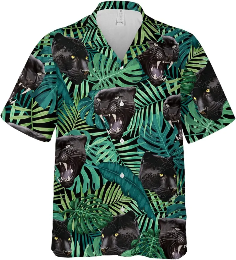 Black Jaguar Tropical Pattern Hawaiian Shirts For Men, Panther Tropical Beach Shirt, Button Vintage Aloha Hawaii Shirt, Summer Beach Shirt