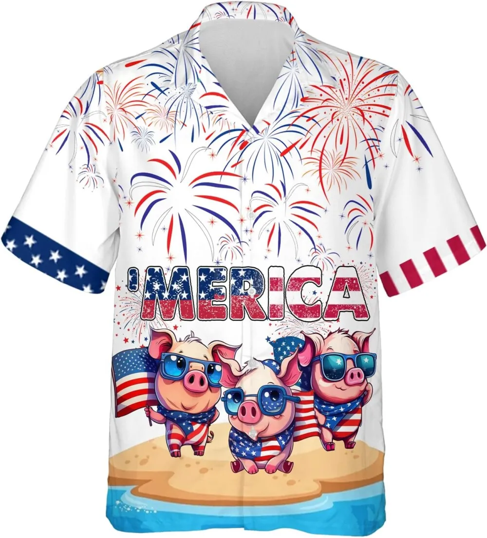 Merica Pigs Hawaiian Shirts For Men, Funny Pigs Firework Summer Beach Shirts, 4th Of July Casual Button Down Men Women Hawaiian Shirts Short Sleeve