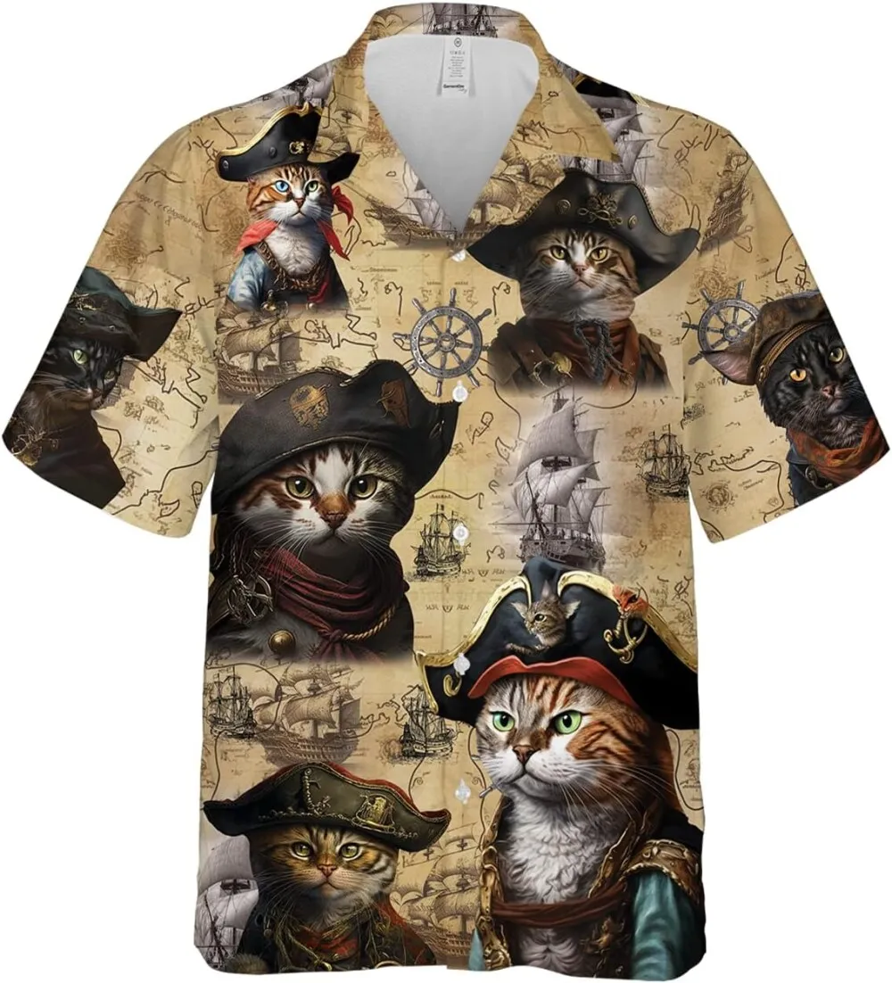 Pirate Cat Hawaiian Shirt For Men, Vintage Casual Button Down Unisex Shirt, Retro Cat Hawaiian Shirt, Gift For Cat Lover, Vintage Cat Summer Shirts