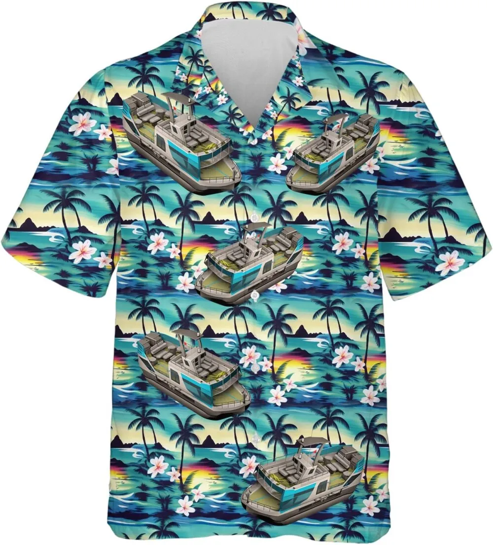 Pontoon Boats Hawaiian Shirts, Tropical Summer Beach Shirts, Palms Tree Beach Pattern Hawaiian Shirt, Aloha Casual Button Down Shirts Short Sleeve