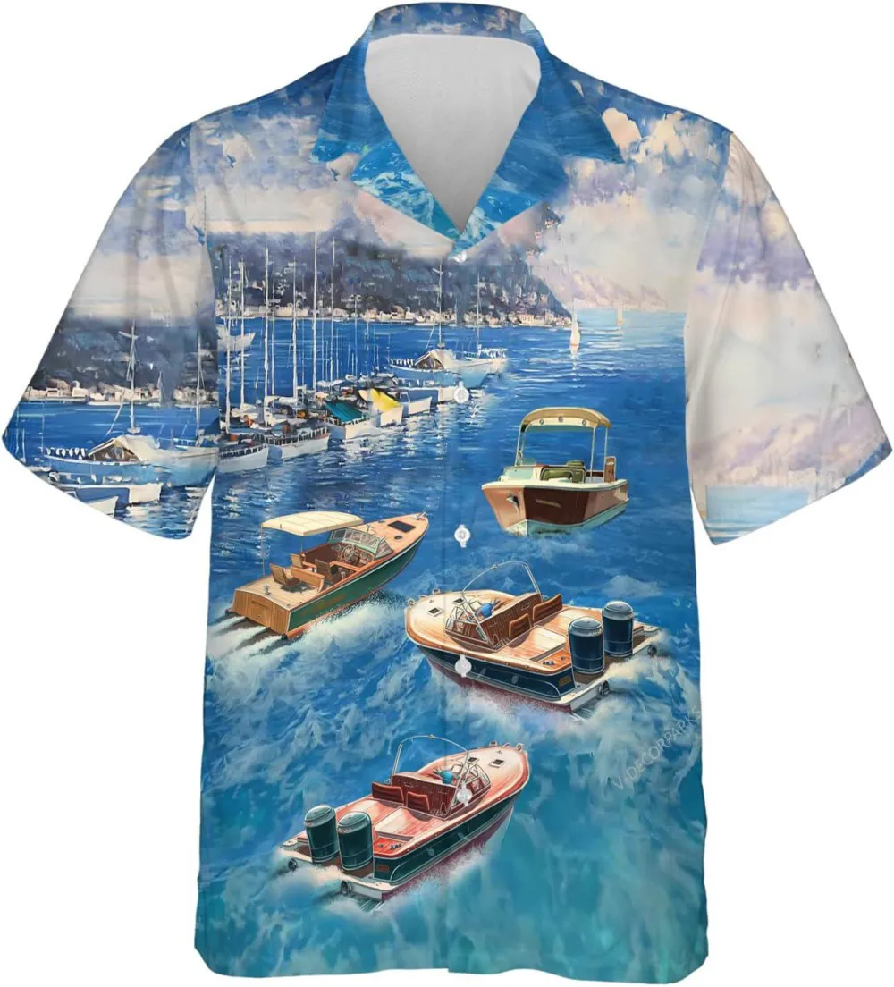 Marina Port Summer Men Hawaiian Shirts, Casual Printed Beach Summer Shirt, Beach Style Button Down Shirt, Summer Aloha Shirt
