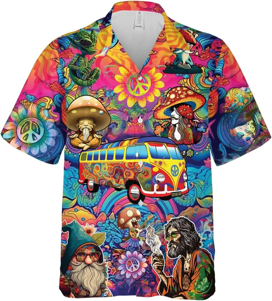 Hippie Bus And Psychedelic Mushroom Hawaiian Shirt For Men, Hippie Trippy Casual Button Down Hawaiian Shirt, Aloha Beach Shirt, Hawaiian Style Shirt