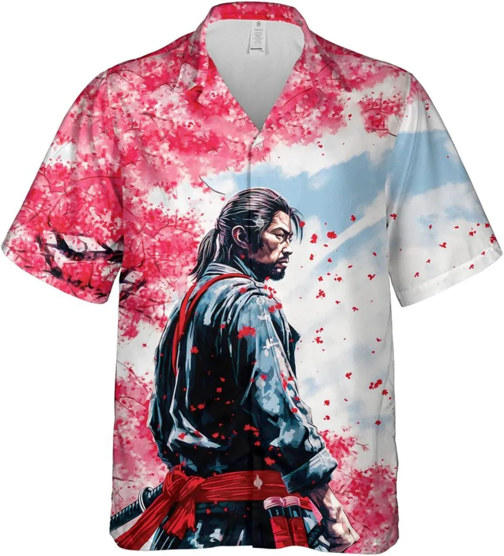 Samurai And Cherry Blossom Hawaiian Shirts For Men, Japanese Samurai Hawaiian Aloha Shirt, Casual Printed Beach Summer Shirt, Button Down Shirt
