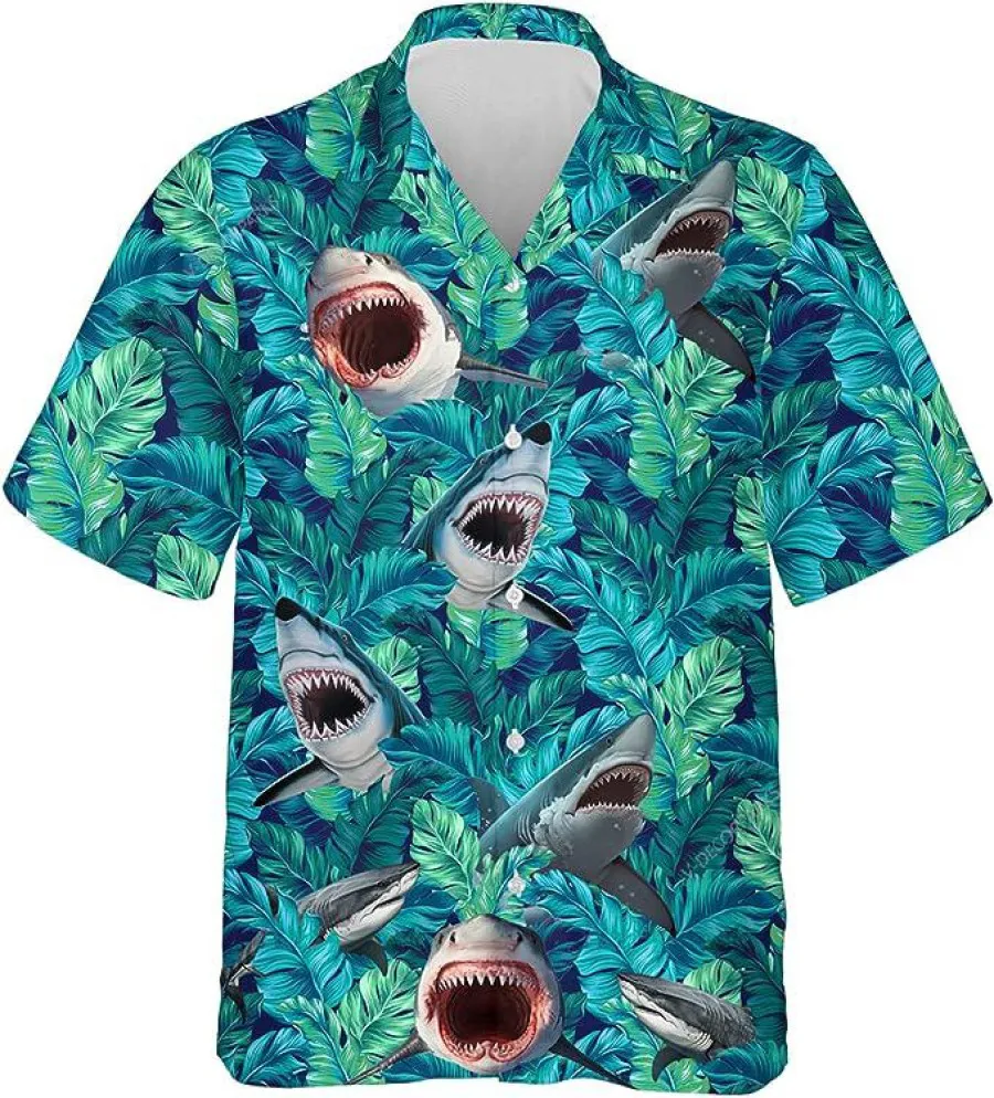 Ocean Shark Tropical Pattern Hawaiian Shirts For Men Women, Tropical Beach Shirt, Casual Button Down Hawaiian Shirt, Summer Vacation Shirt