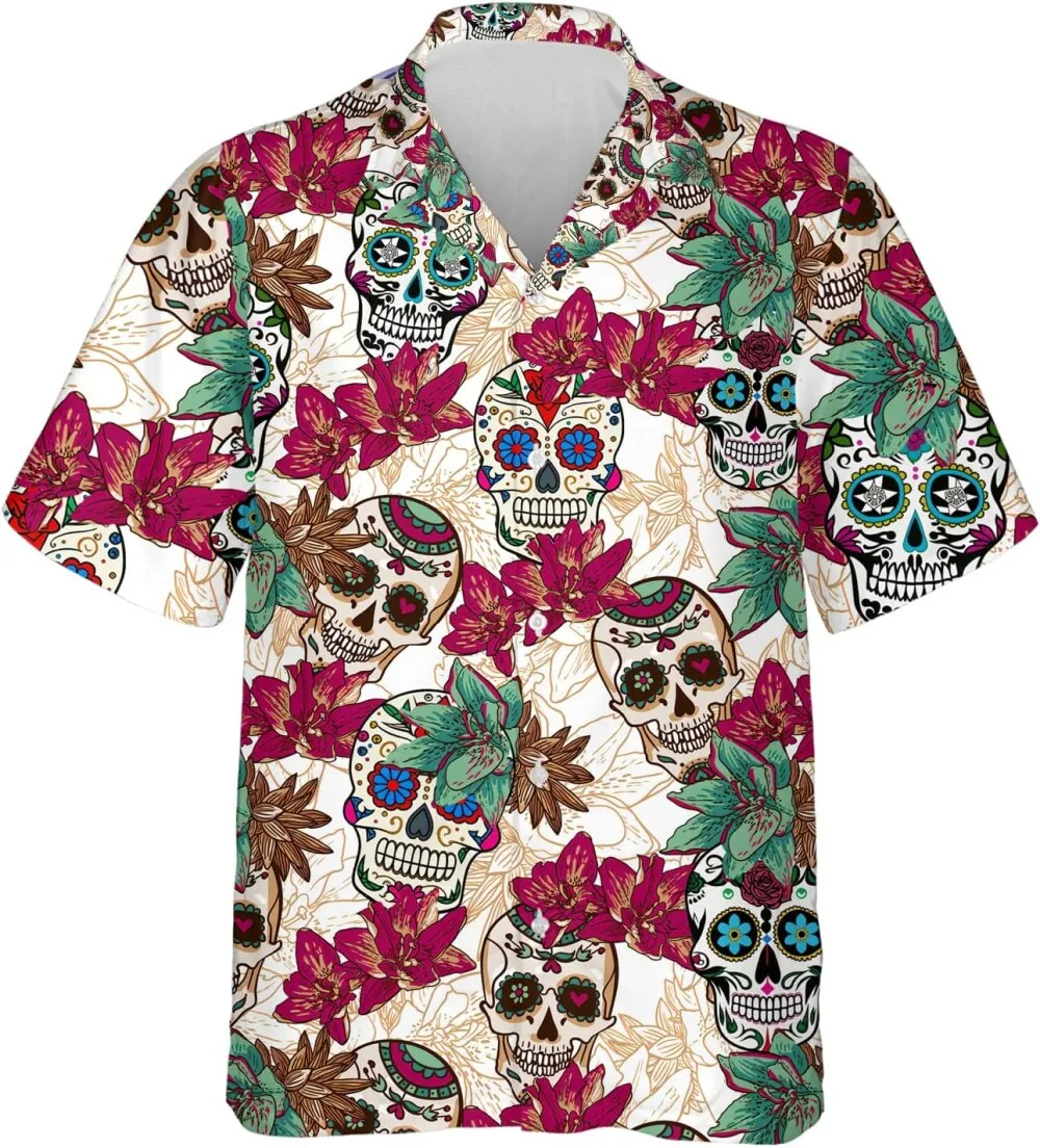 Sugar Skull Hawaiian Shirt For Men, Colorful Floral Pattern Skull Hawaiian Shirt, Calaveras Skulls Button Down Short Sleeve Shirts, Skull Aloha Shirts
