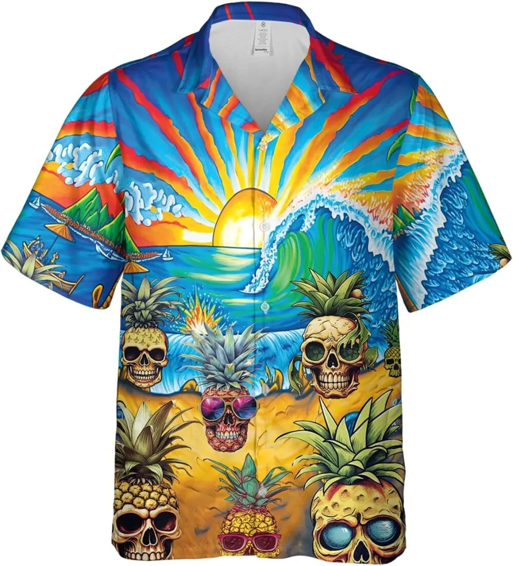 V-decorparks Skull Pineapple Hawaiian Shirts For Men, Funny Pineapple Skull Hawaiian Shirt, Summer Beach Shirts, Skull Button Down Short Sleeve Shirt