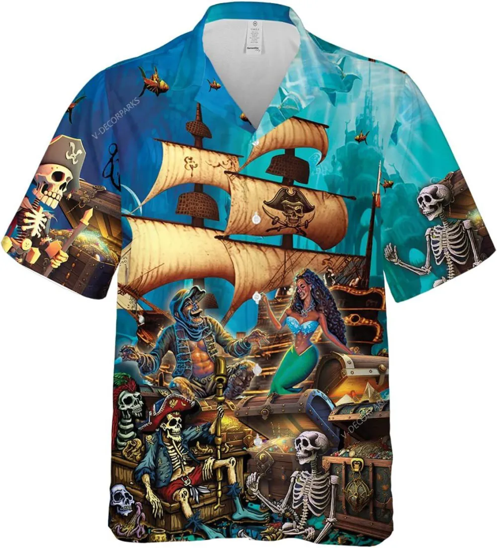 Mermaid And Skeleton Pirate Hawaiian Shirts For Men, Pirate Ship Casual Button Down Short Sleeve Shirt, Summer Beach Shirt, Hawaiian Aloha Shirt