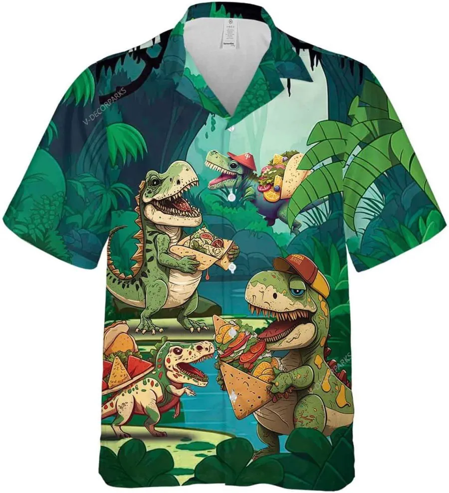 Funny Dinosaur And Taco Tropical Hawaiian Shirts For Men Women, Dinosaur Summer Beach Shirt, Hawaiian Style Shirts, Short Sleeve Aloha Shirt