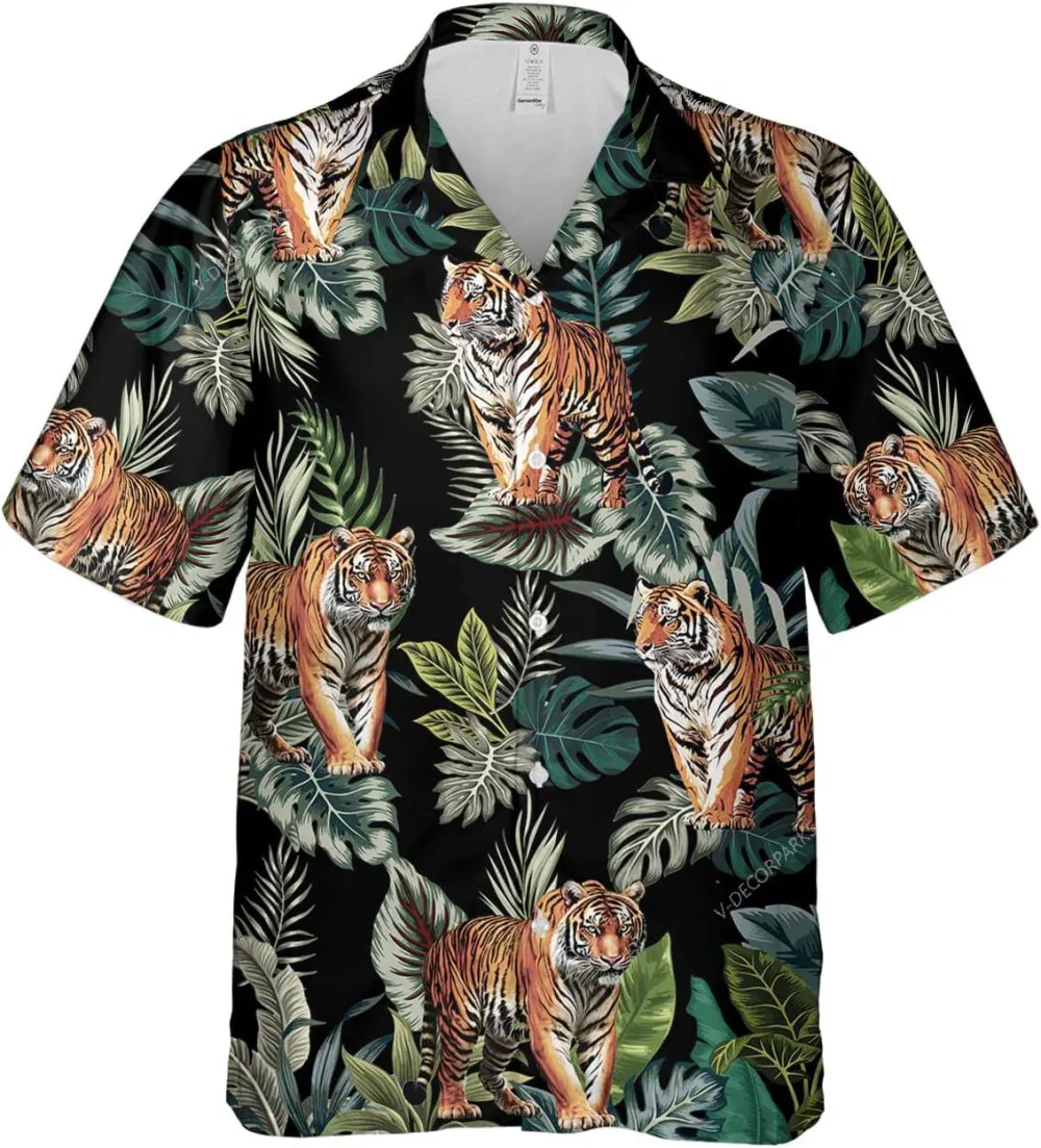 Bengal Tiger Tropical Pattern Shirt For Men Women, Tiger Hawaiian Shirt, Tropical Summer Beach Aloha Button Down Short Sleeve Mens Hawaiian