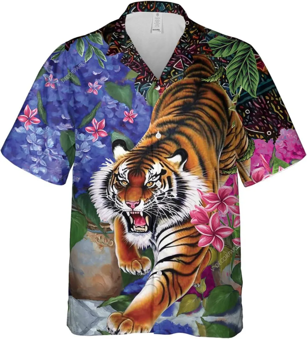 Tiger And Flower Hawaiian Shirt For Men Women, Tiger Painting Button Down Mens Hawaiian Shirts, Casual Printed Beach Summer Shirt, Gift For Him