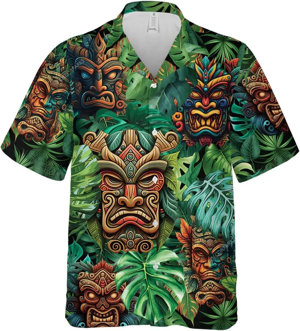Tiki Mask Tropical Pattern Hawaiian Shirts For Men Women, Tiki Button Down Short Sleeve Shirts, Tiki Tropical Pattern Print Shirt, Summer Beach Shirt