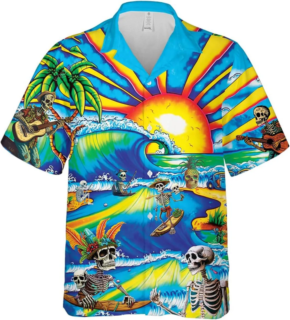 Funny Skeleton Surfing Tropical Sunset Hawaiian Shirts For Men Women, Sea Waves Button Down Short Sleeve Shirts, Skeleton Hawaiian Aloha Shirt