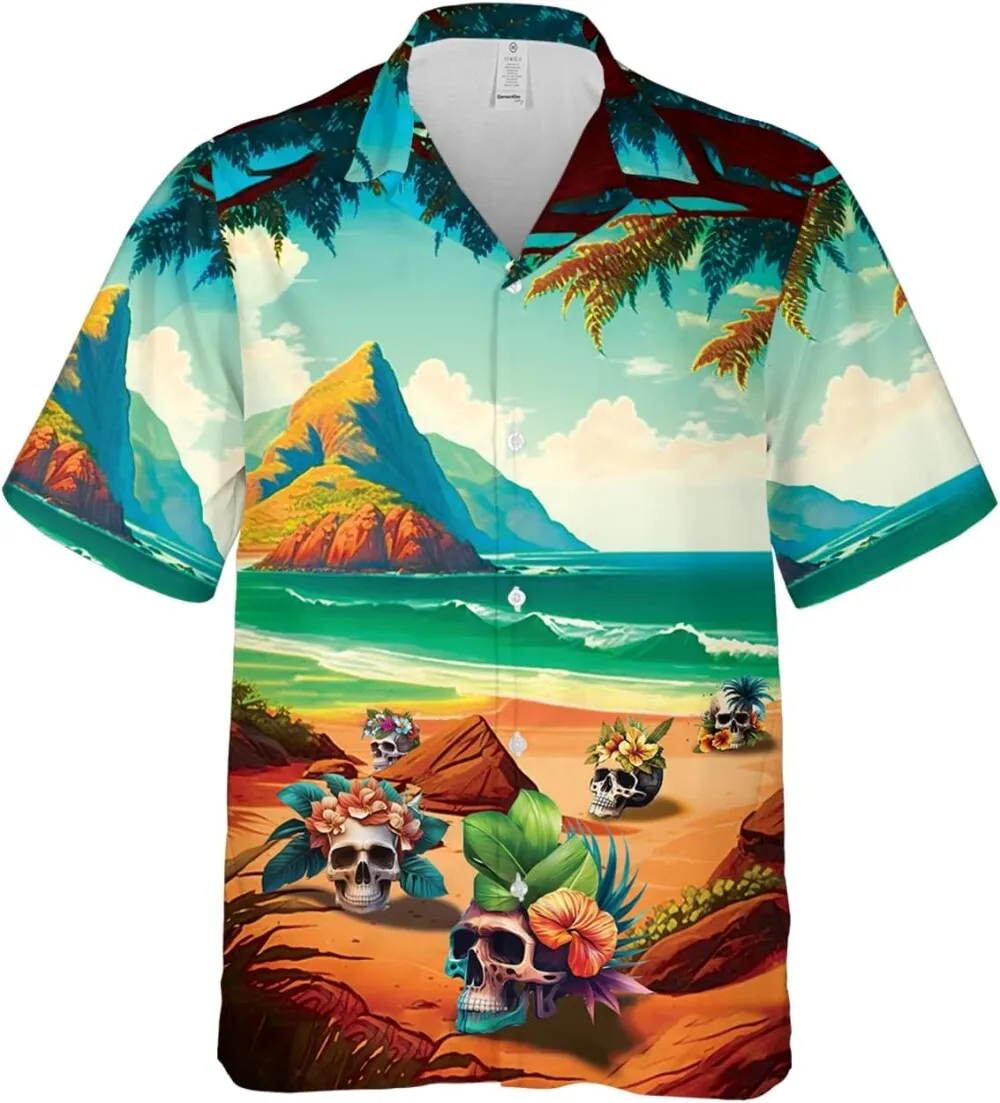 Floral Skull Hawaiian Shirts For Men, Summer Beach Aloha Hawaiian Shirt, Tropical Printed Button Down Mens Hawaiian Shirts Short Sleeve, Aloha Shirts