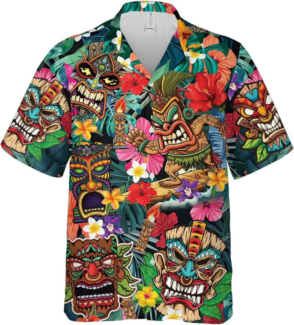 Funny Tiki Tribal Mask Tropical Pattern Print Shirt, Tiki Hawaiian Shirts For Men, Aloha Mens Hawaiian Button Down Short Sleeve Shirts