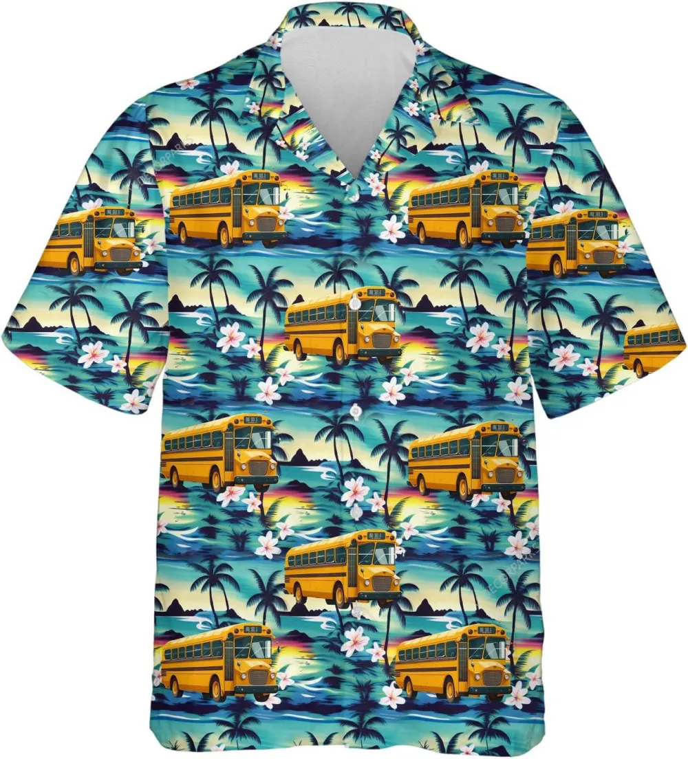 School Bus And Tropical Pattern Hawaiian Shirt, Bus Driver Tropical Beach Shirt, Back To School, Hawaiian Casual Button Down Shirt, Aloha Summer Shirt