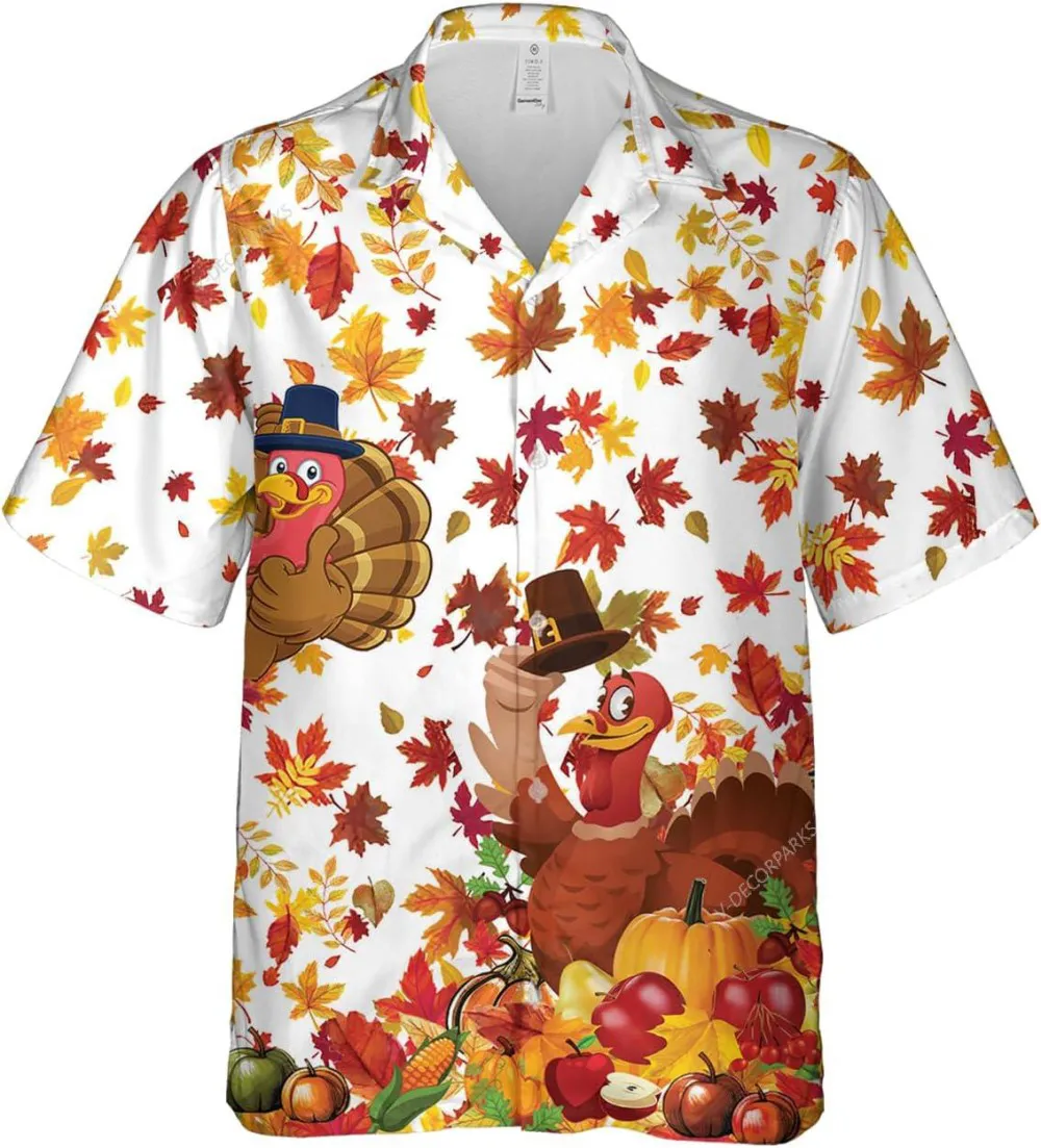 Happy Thanksgiving Turkey And Autumn Leaf Hawaiian Shirt, Thanksgiving Hawaiian Casual Button Down Shirt, Short Sleeves Aloha Shirt