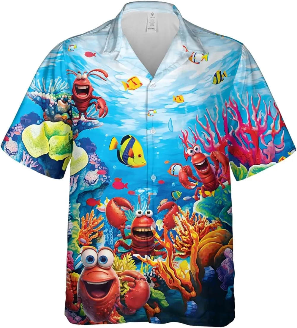 Funny Lobster Hawaiian Shirt For Men Women, Sea Animals Hawaiian Shirts, Ocean Summer Beach Shirts, Coral Reefs Button Down Unisex Shirts Short Sleeve