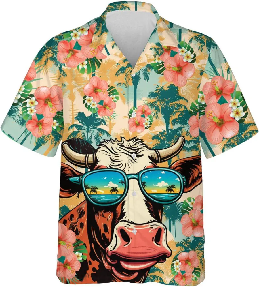 Funny Cow And Tropical Hibiscus Flower Men Hawaiian Shirt, Tropical Beach Shirt, Summer Aloha Shirt, Casual Button Down Short Sleeve Hawaiian Shirt