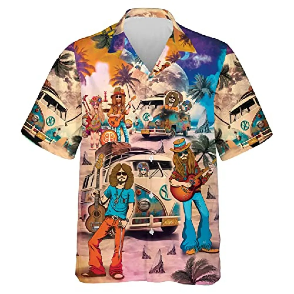 Hippie Music Band Hawaiian Shirt For Men, Hippie Camping Bus Music Band Hawaiian Shirt, Aloha Shirt, Hippie Mens Casual Button Down Short Sleeve Shirt