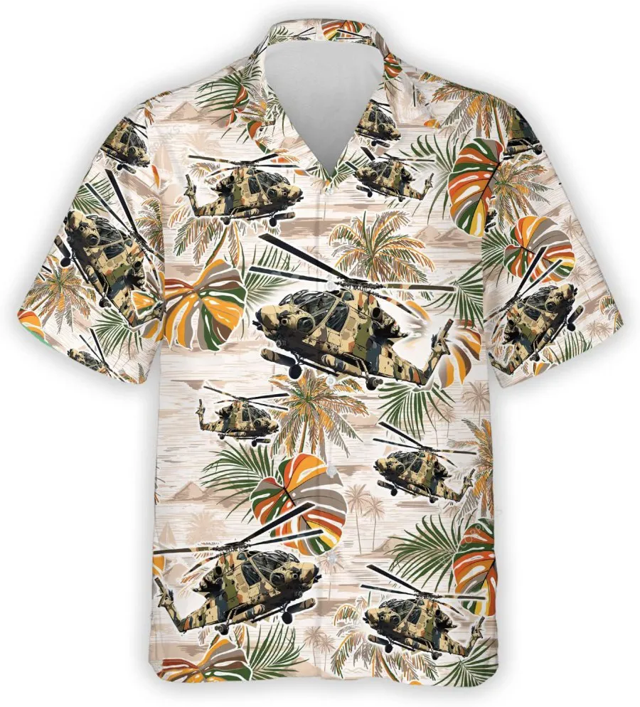 Camouflage Helicopter Tropical Pattern Men Hawaiian Shirt, Air Force Veteran Casual Button Down Short Sleeve Shirt, Tropical Beach Shirt, Gift For Him