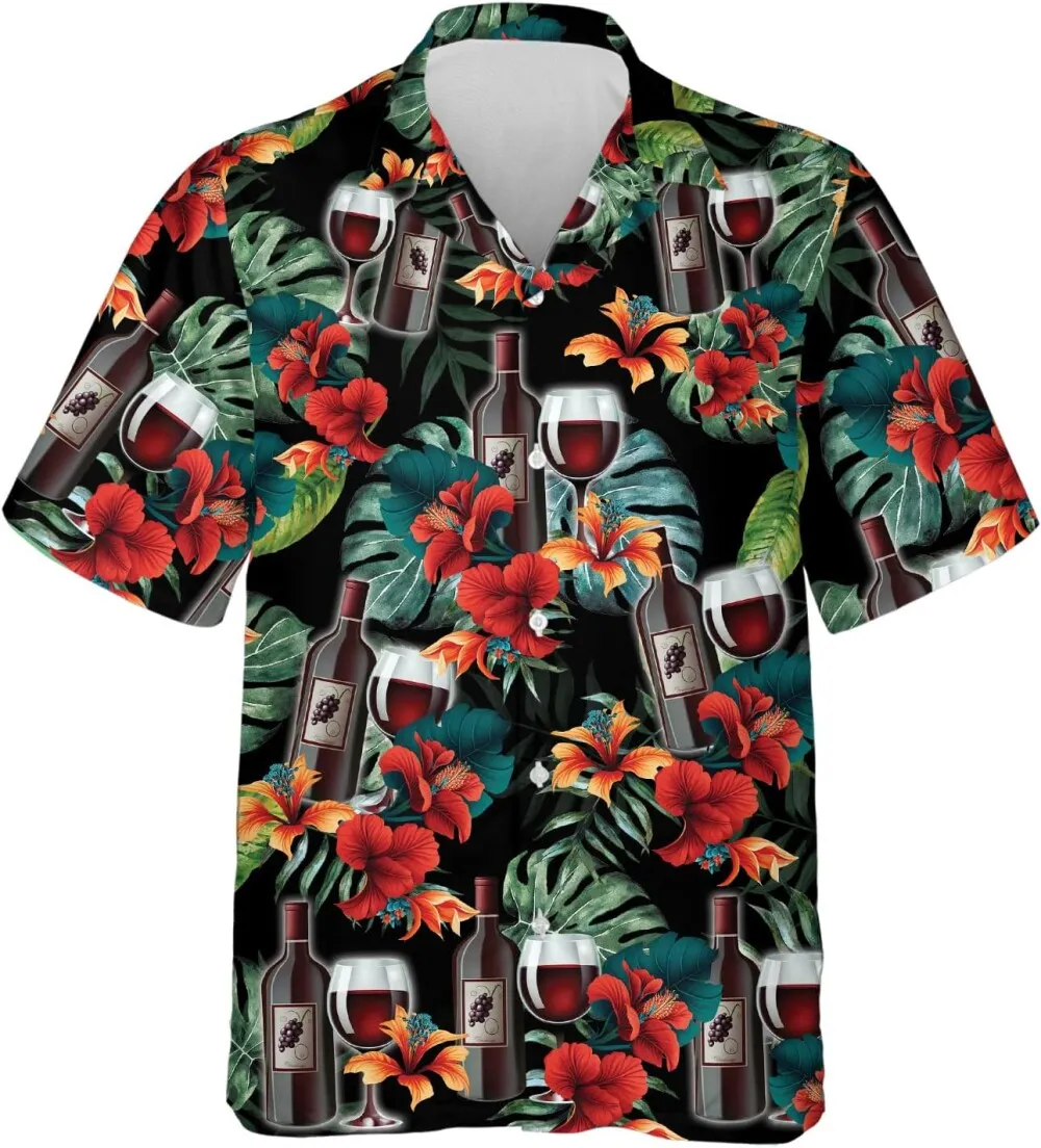 Red Wine Tropical Hawaiian Shirt For Men, Colorful Tropical Hibiscus Summer Beach Shirts, Mens Button Down Shirt Short Sleeve, Gift For Wine Lovers