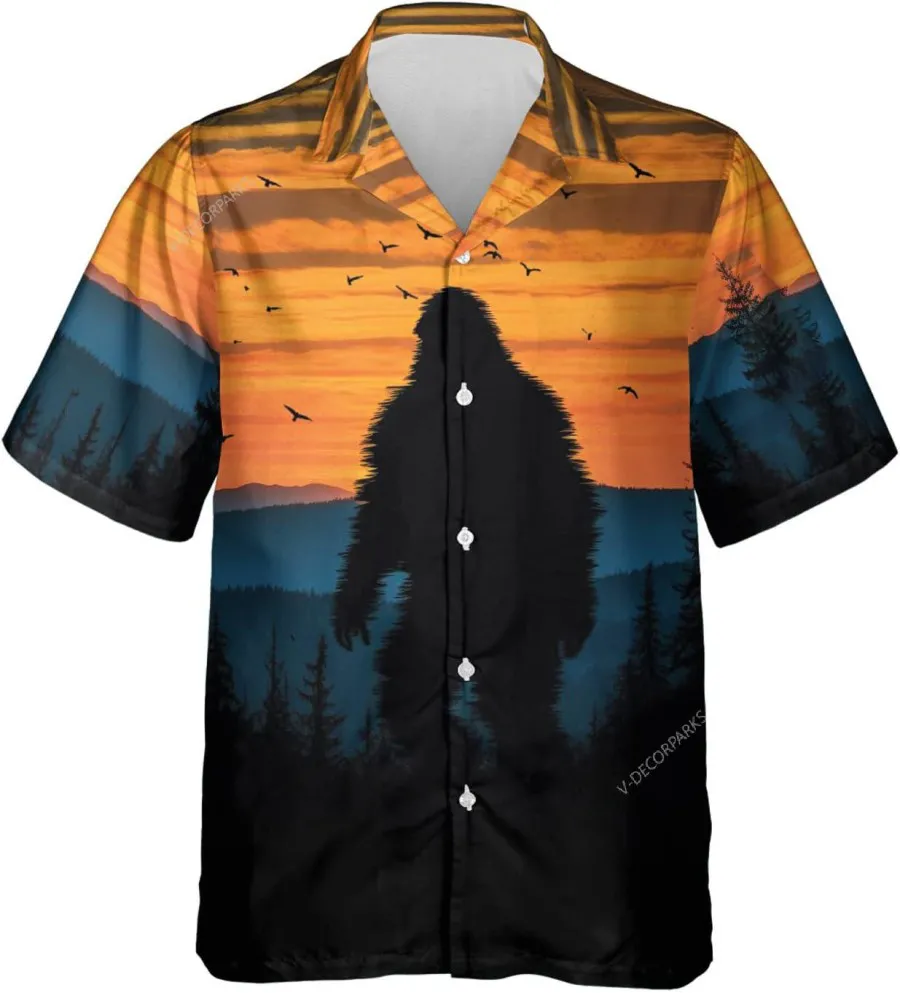 Bigfoot Silhouette Hawaiian Shirts For Men, Vintage Button Down Hawaiian Shirts Short Sleeve, Bigfoot Shirt, Sasquatch Shirt, Aloha Beach Shirt