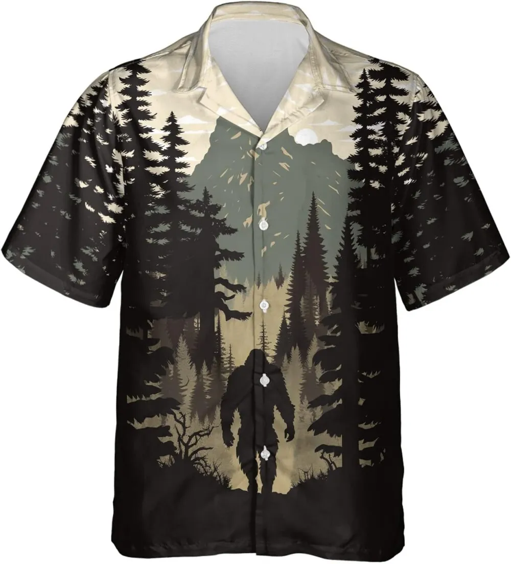 Walking Bigfoot Hawaiian Shirts For Men, Sasquatch Hawaiian Shirts, Bigfoot Summer Shirts, Mysterious Forest Night Button Down Shirts Short Sleeve