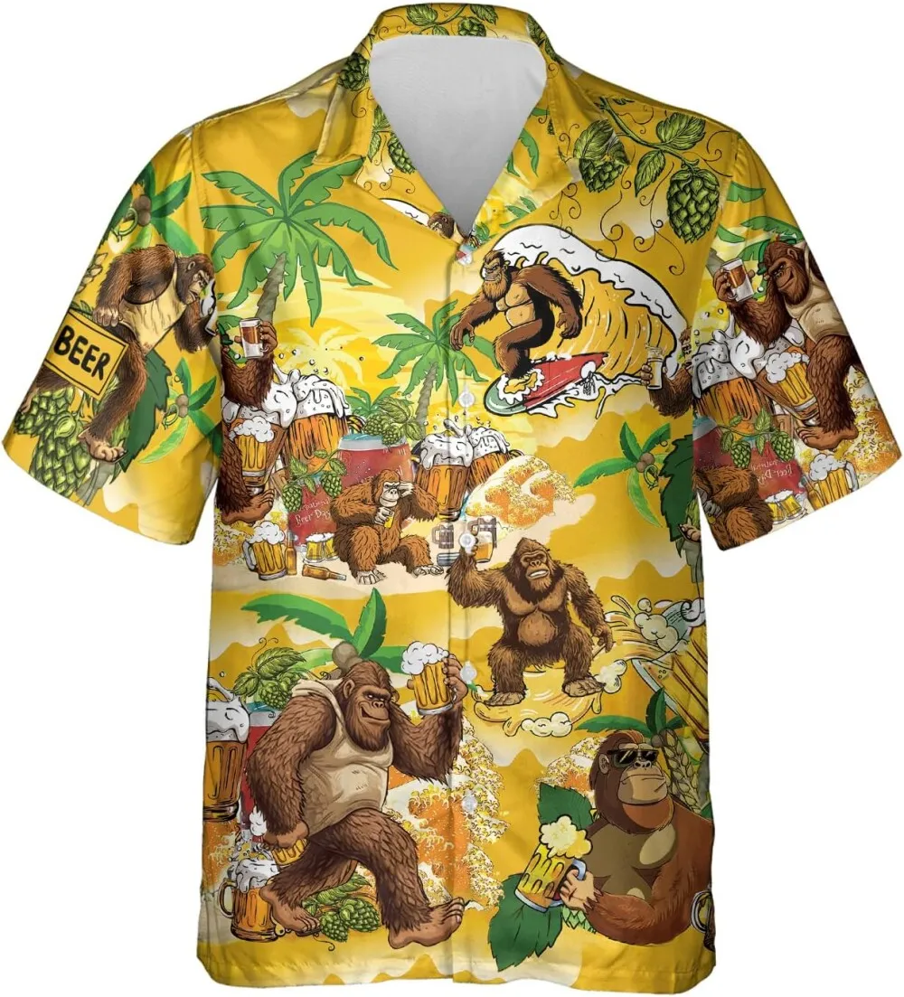 Bigfoot Hawaiian Shirts For Men, Funny Bigfoot Drinking Beer Hawaiian Shirts, Sasquatch Summer Beer Button Down Mens Hawaiian Shirts Short Sleeve