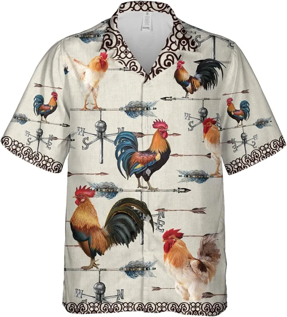 Roosters Hawaiian Shirts For Men, Compass Arrow Pattern Rooster Summer Shirts, Mens Casual Button Down Short Sleeve Shirts, Gift For Rooster Lovers