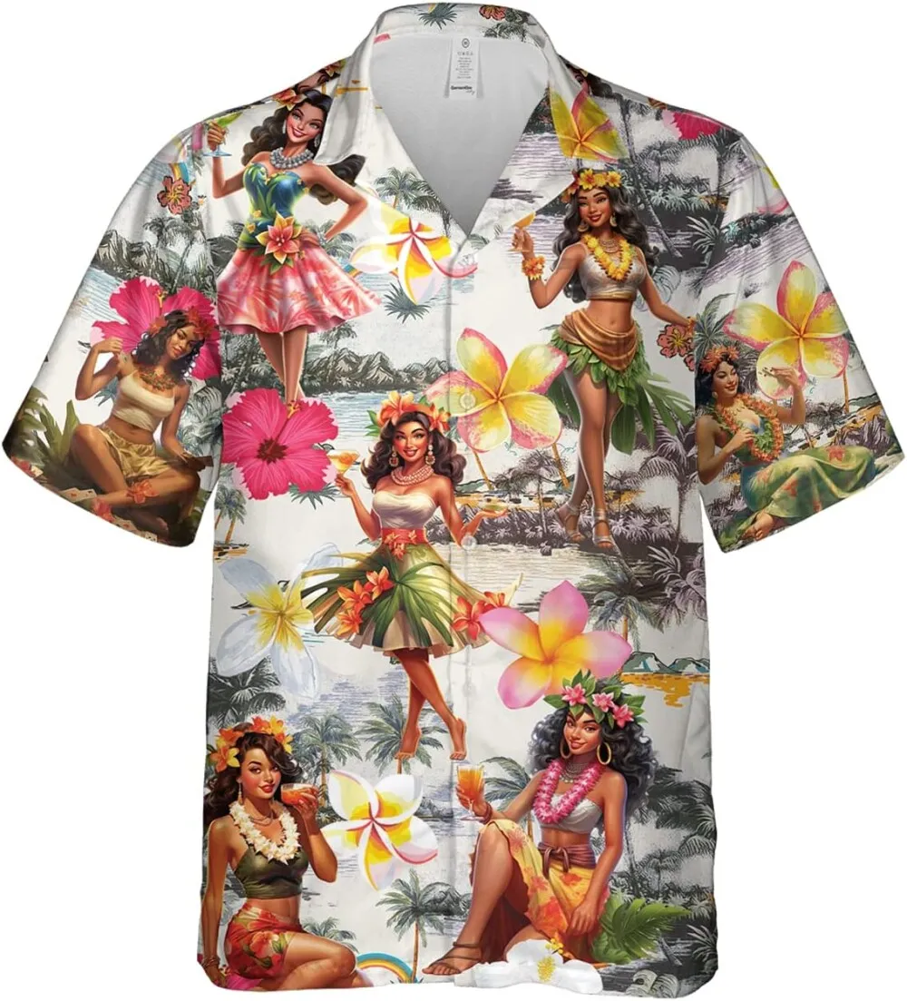 Hula Girls Hawaiian Shirts For Men Women, Tropical Summer Printed Shirts, Hibiscus Aloha Shirts, Hula Girls Casual Button Down Short Sleeve Shirts
