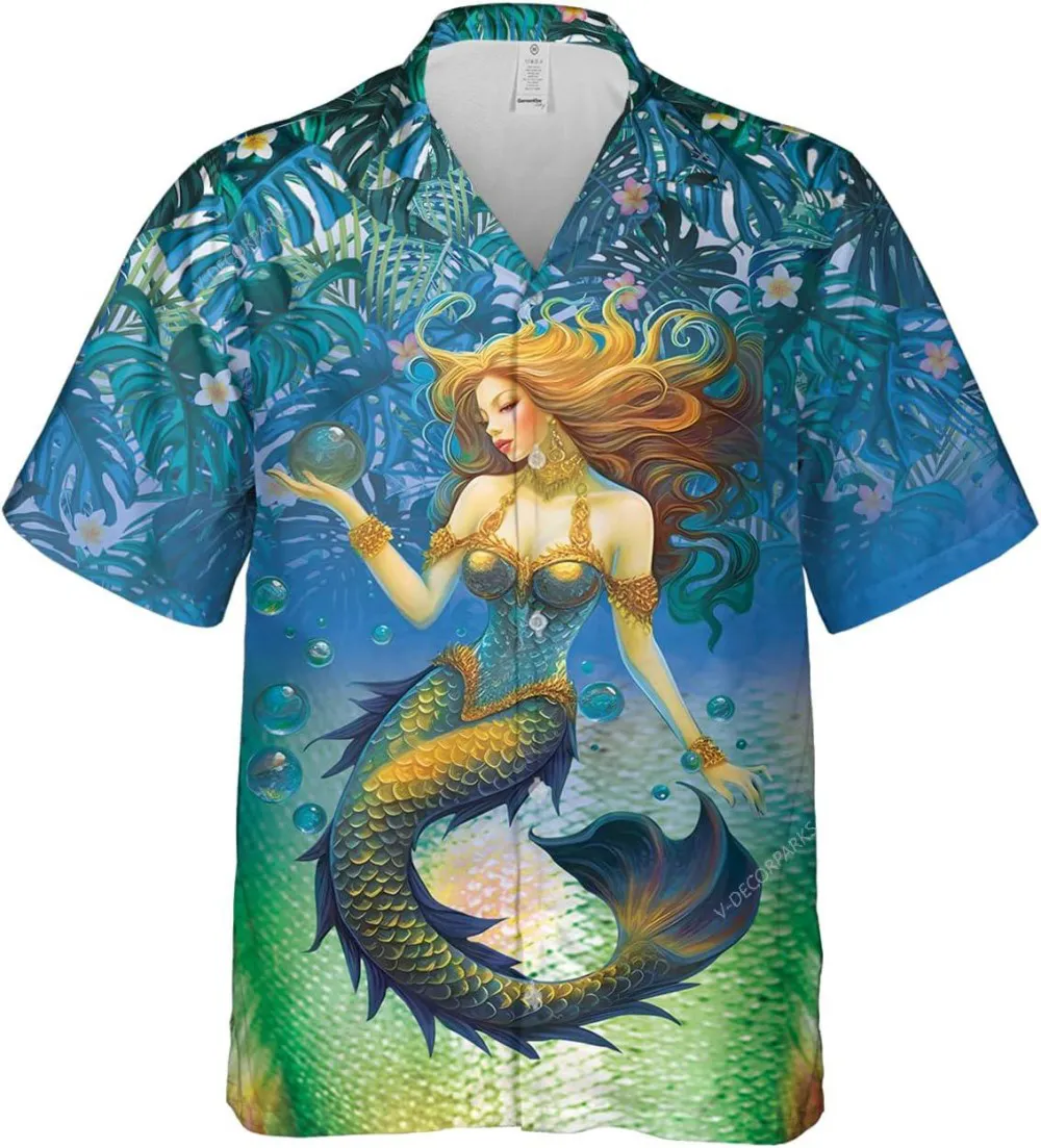 Beautiful Mermaid Tropical Pattern Hawaiian Shirts For Men Women, Mermaid Button Down Mens Hawaiian Shirts, Aloha Vibes Beach Shirt, Summer Shirt