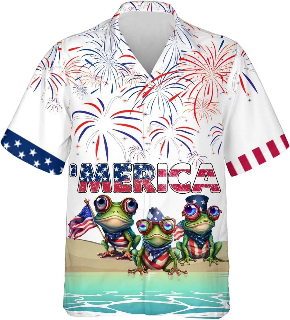 Patriotic American Frogs Hawaiian Shirts For Men Women, Happy Independence Day Shirt, 4th Of July Shirt, Button Down Hawaiian Shirts Short Sleeve