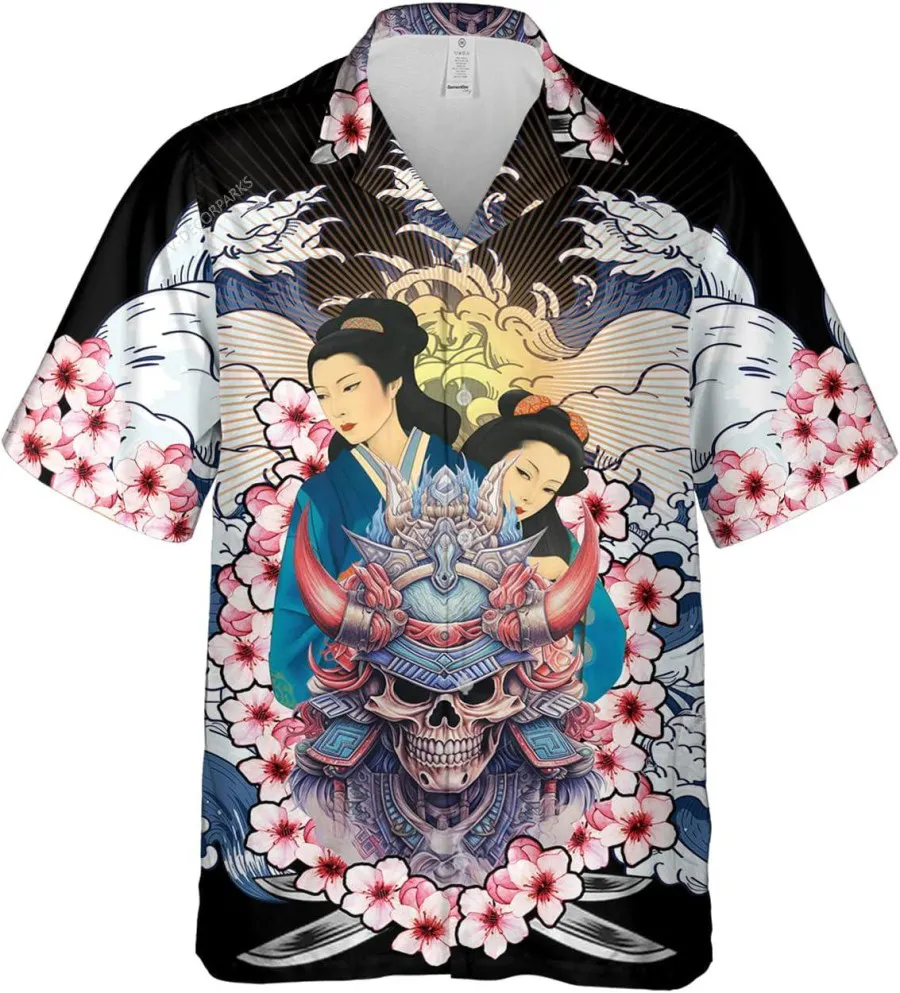Japanese Onna-bugeisha Samurai Hawaiian Shirts, Japanese Theme Aloha Shirt, Casual Button Down Short Sleeve Hawaiian Shirt, Summer Beach Shirt
