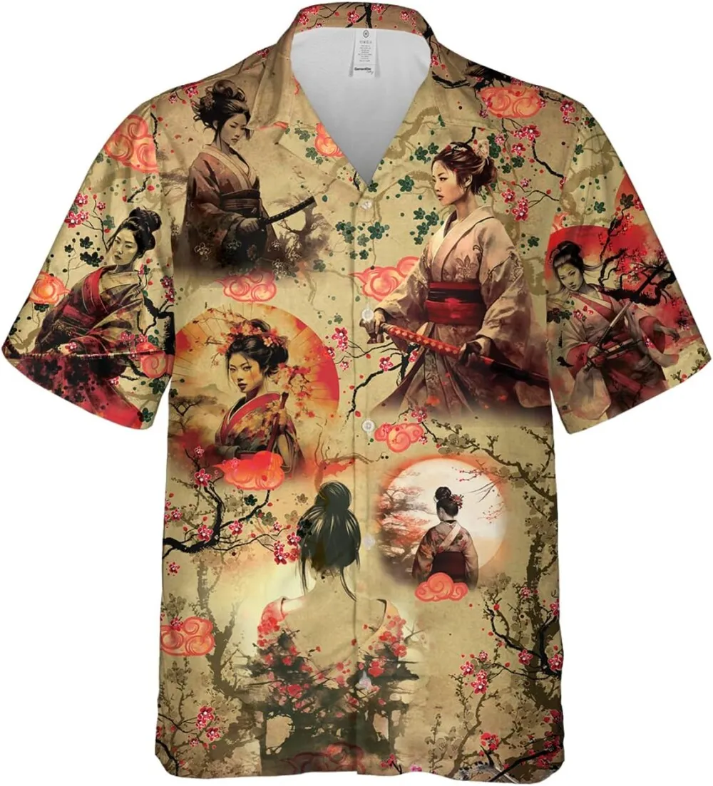 Samurai Geisha Hawaiian Shirts, Onna-bugeishe Geisha Hawaiian Shirts, Geisha Art Summer Shirts, Button Down Mens Hawaiian Shirts Short Sleeve