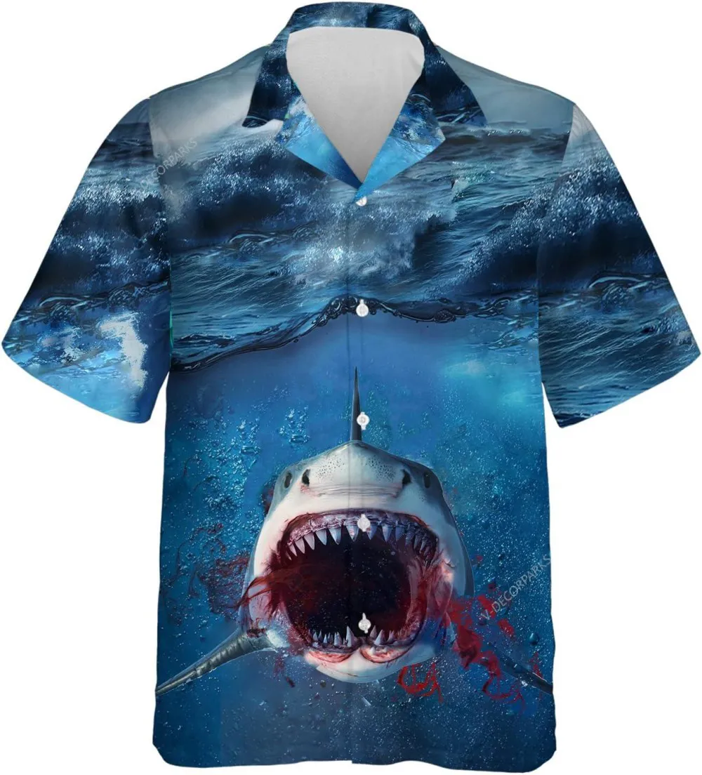 Ocean Shark Hawaiian Shirts For Men Women, Bloody Shark Button Down Hawaiian Shirts, Sea Animal Aloha Shirt, Casual Printed Beach Summer Shirt
