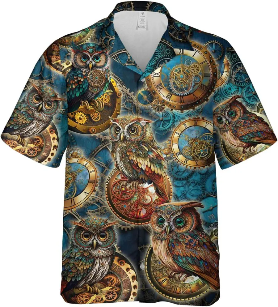 Owl Steampunk Hawaiian Shirts For Men, Clock Gears Button Down Mens Hawaiian Shirts Short Sleeve, Casual Printed Beach Summer Shirt, Aloha Shirt