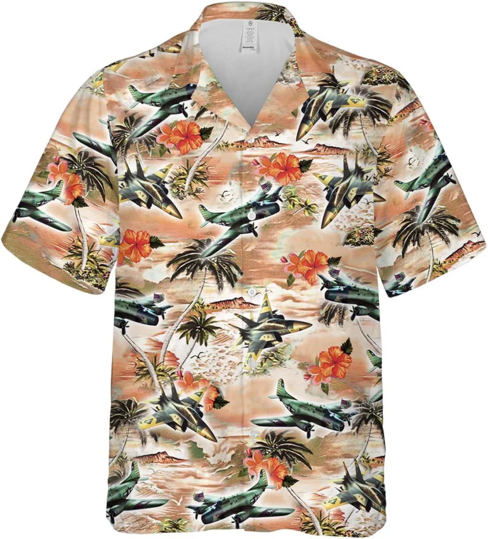 Vintage Military Planes And Hibiscus Flower Hawaiian Shirts For Men, Tropical Button Shirt, Aloha Hawaiian Shirt, Airplane Button Down Shirt