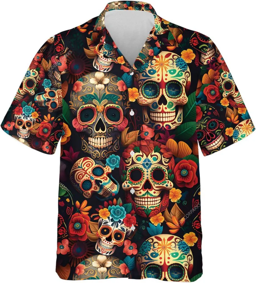 Sugar Skull Tropical Flower Hawaiian Shirt For Men Women, Sugar Skull Casual Button Down Short Sleeve Hawaiian Shirt, Summer Beach Shirt, Aloha Shirt