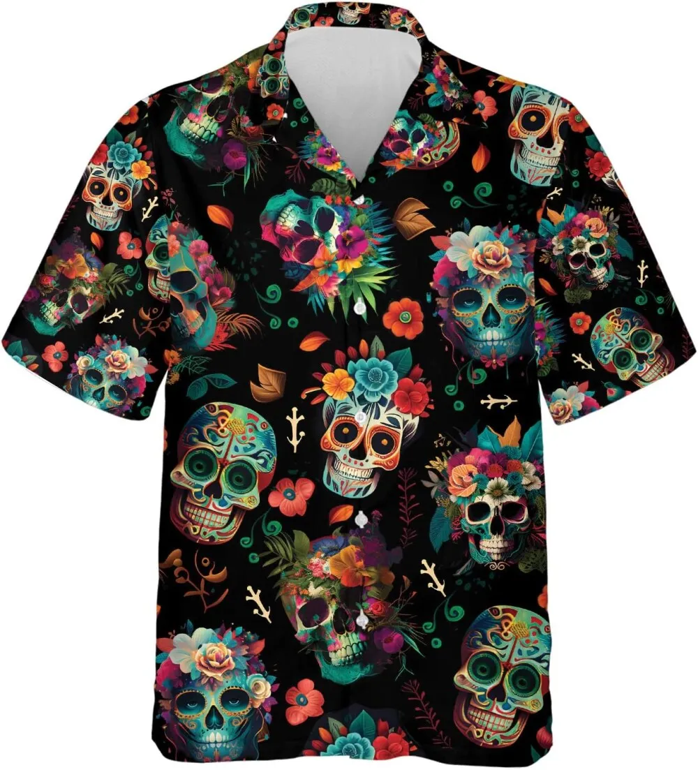 Floral Sugar Skull Hawaiian Shirt For Men, Colorful Sugar Skull Summer Shirts, Tropical Short Sleeve Casual Button Sdown Shirt Mens Hawaiian Shirts