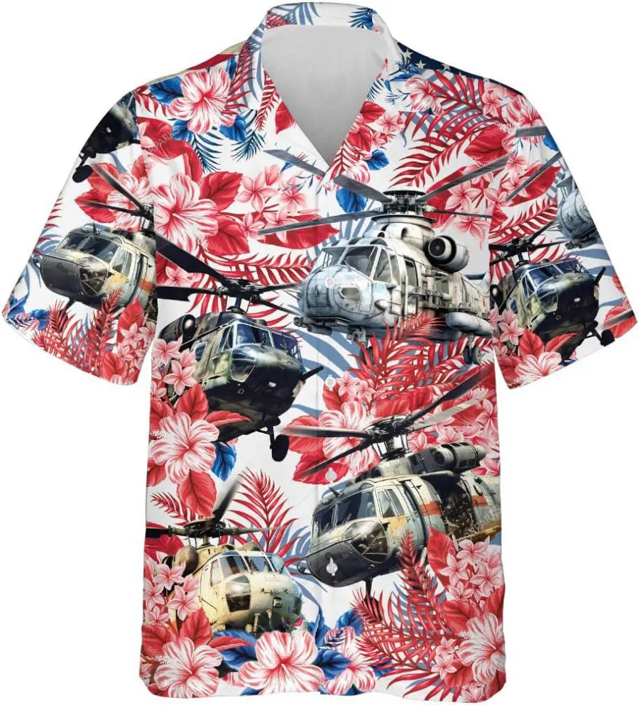 Helicopter And Hibiscus Flower Hawaiian Shirts For Men, Memorial Day Button Down Short Sleeve Shirt, Tropical Pattern Shirt, Aloha Beach Shirt