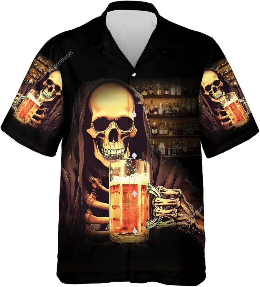 Skull With Beer Hawaiian Shirts For Men Women, Skull Bar Button Down Mens Hawaiian Shirt Short Sleeve, Summer Aloha Shirt, Hawaiian Beach Shirt