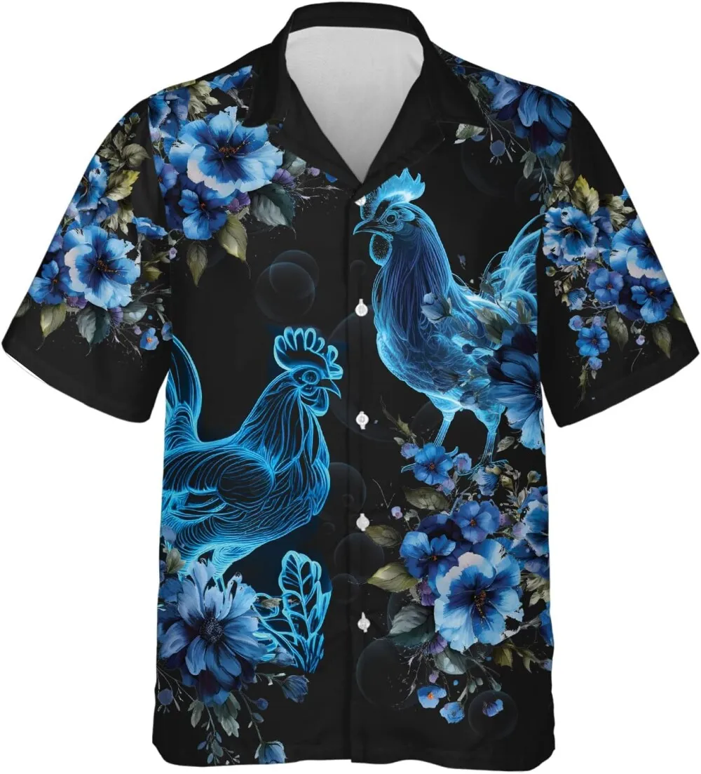 Tropical Chicken Hawaiian Shirts For Men, Blue Floral Chicken Casual Printed Summer Shirts, Rural Life Button Down Mens Hawaiian Shirts Short Sleeve,