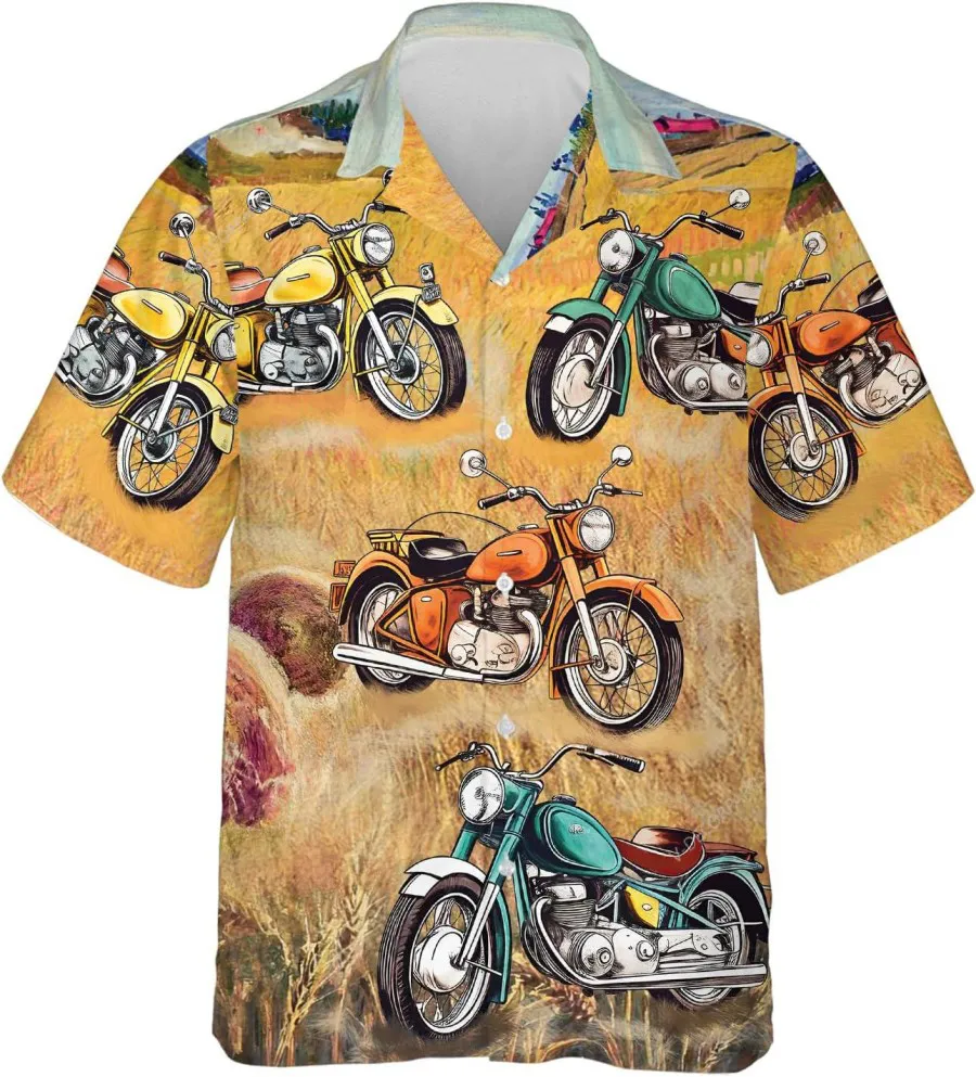 Motorcycle And Wheat Field Hawaiian Shirt For Men Women, Motorcycle Casual Button Down Hawaiian Shirt, Aloha Vibes Beach Shirt, Hawaiian Style Shirt
