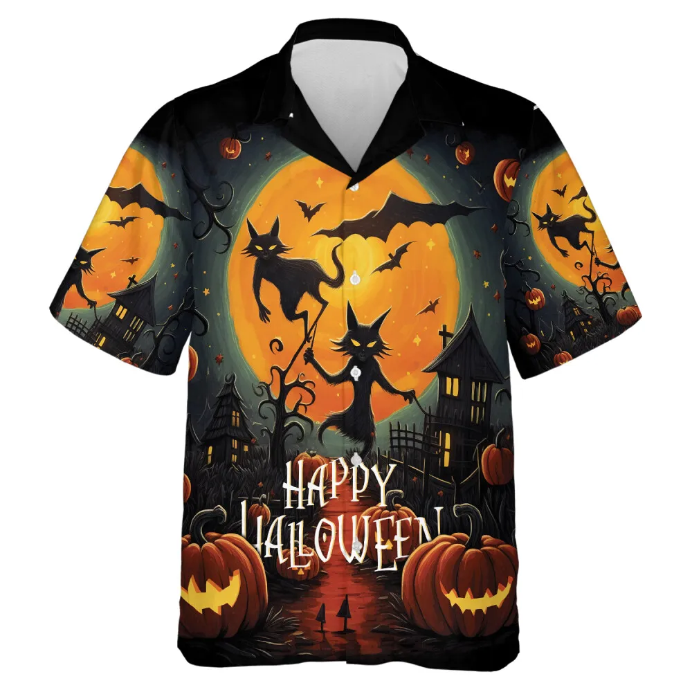 Spooky Black Cat Halloween Unisex Hawaiian Shirt, Witch House On The Moon Halloween Design Aloha Button Down Shirts, Halloween Shirt